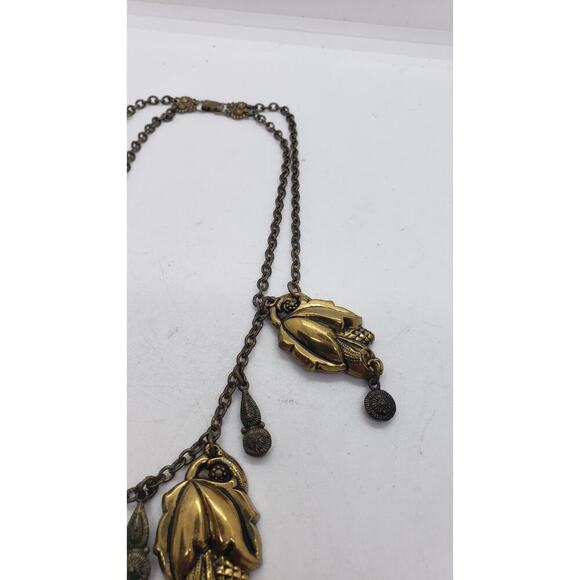 Vintage Art Nouveau Brass Etruscan Revival Festoon Necklace Leaves 1920s - Picture 4 of 9